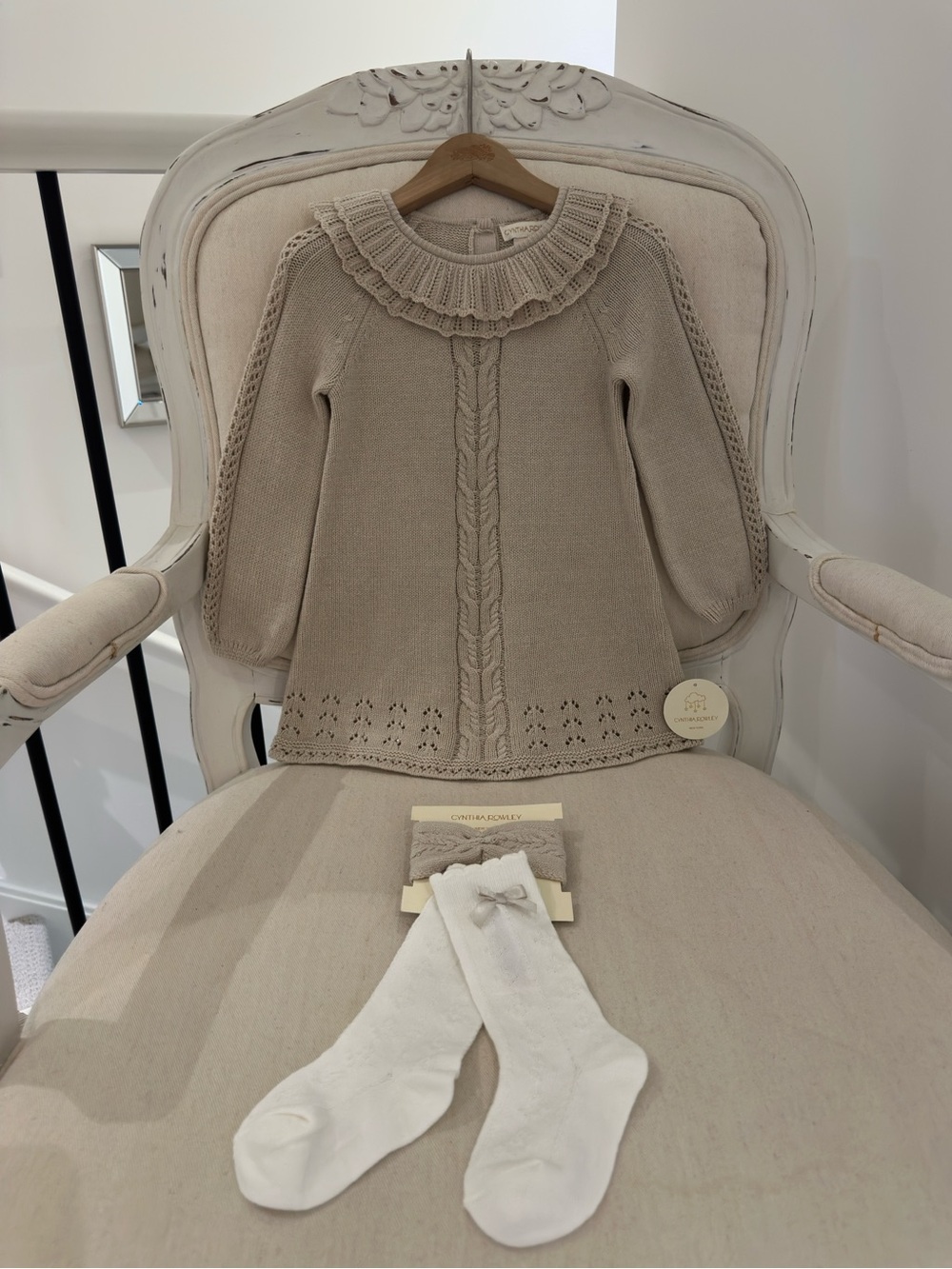🤍 24 Mth Girls Beige Pointelle Knit Sweater Dress with Ruffle Collar Set NWT